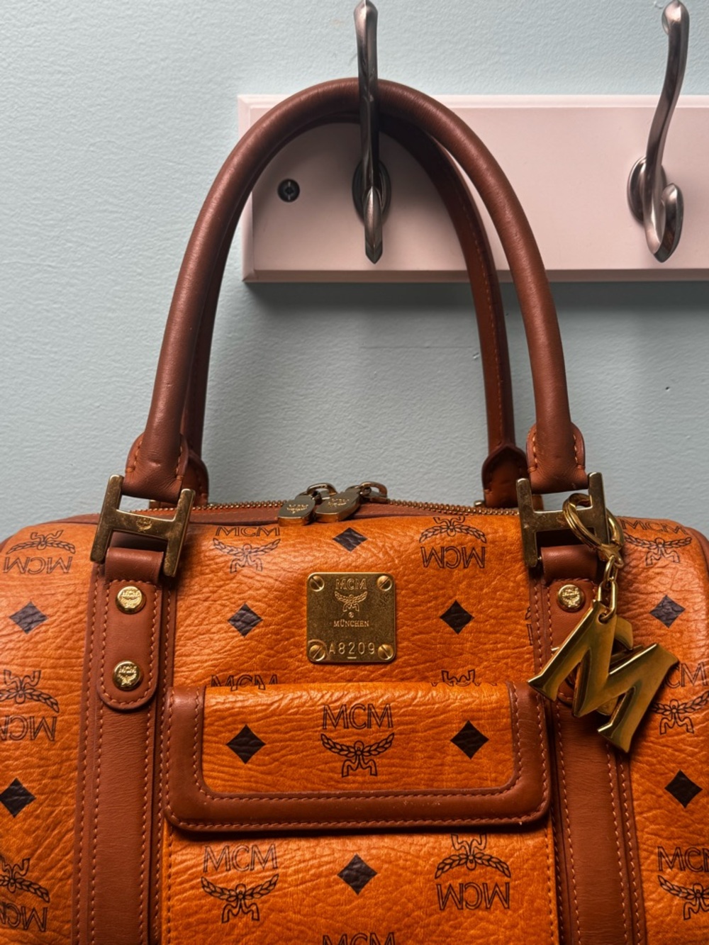 MCM Cognac Orange Visetos Canvas Satchel with Gold Hardware